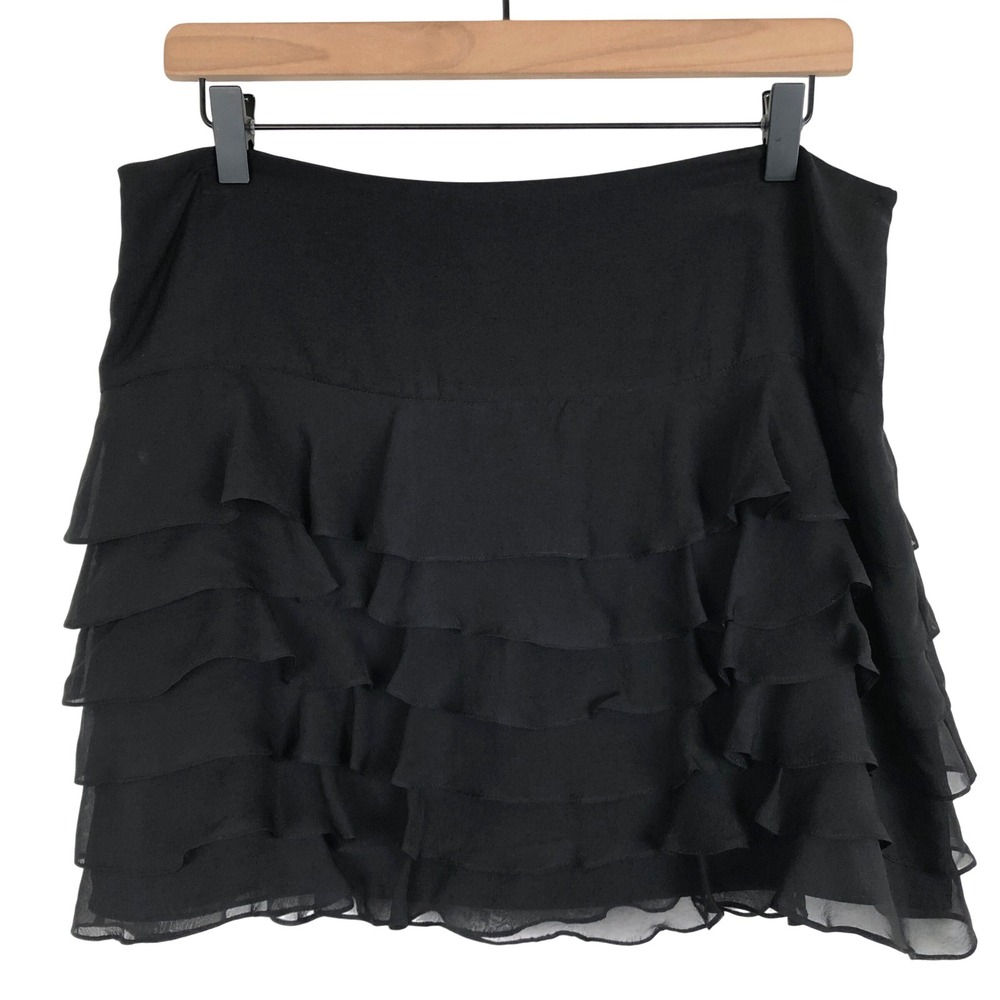 DKNY 100% Silk Tiered Ruffle Mini Skirt Sz 10 Black Side Zip Lined Fairy